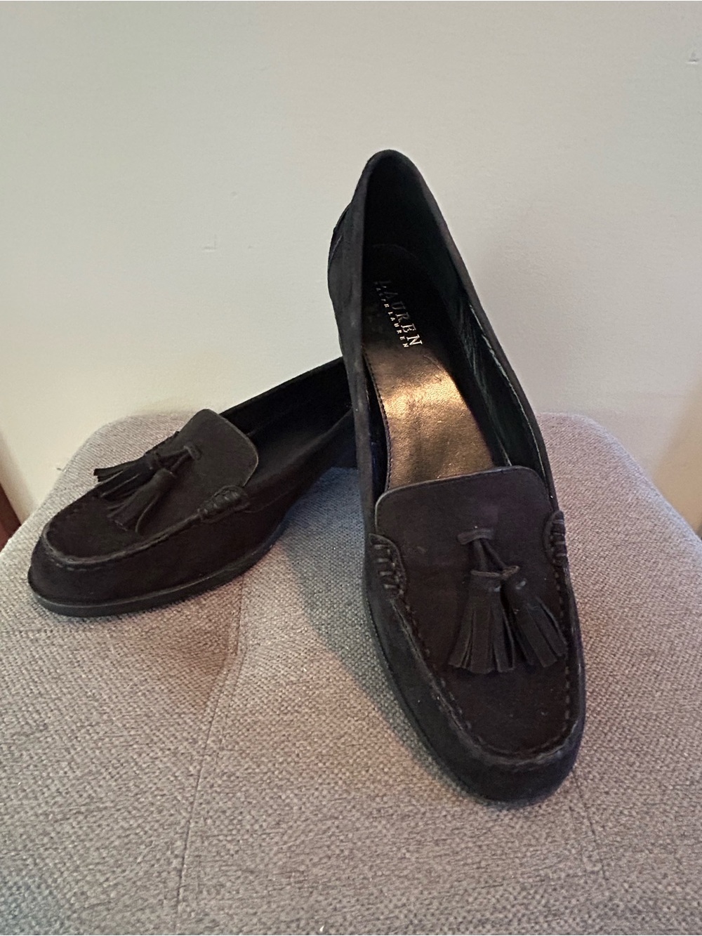 Lauren Ralph Lauren Black Suede Tassel Loafers Womens 9.5B Classic Preppy
